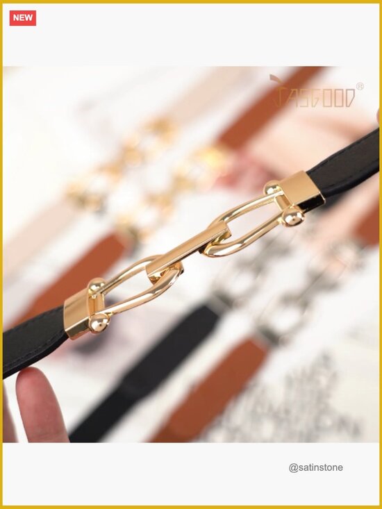 Thin Stretch Waist Belt with Gold Buckle, PU Leather Elastic Skinny Belt main image 4